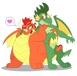 Size: 1600x1578 | Tagged: safe, artist:aleximusprime, oc, oc only, oc:billow the dragon, oc:scorch the dragon, dragon, flurry heart's story, bedroom eyes, belly, big belly, blushing, chin scratch, dragon oc, dragoness, duo, duo male and female, fat, female, flirting, grin, heart, hug, looking at each other, looking at someone, male, non-pony oc, oc x oc, open mouth, shipping, simple background, smiling, speech bubble, straight, tail, tail hug, transparent background, winghug, wings