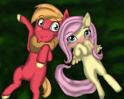 Size: 1280x1024 | Tagged: safe, artist:miyukiarts, big macintosh, fluttershy, earth pony, pegasus, pony, g4, belly, blushing, blushing profusely, cute, embarrassed, female, freckles, grass, hooves on face, lying down, macabetes, male, mare, overhead view, ship:fluttermac, shipping, shyabetes, smiling, stallion, stargazing, straight, unshorn fetlocks