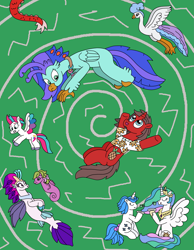 Size: 2389x3076 | Tagged: safe, artist:supahdonarudo, discord, majesty, pluma, princess celestia, queen novo, sand dollar, zipp storm, oc, oc:ironyoshi, oc:sea lilly, alicorn, bird, classical hippogriff, hippogriff, pegasus, pony, sea pony, seapony (g4), unicorn, mlp fim's thirteenth anniversary, g1, g4, g5, my little pony: the movie, bow, camera, cup, flying, happy birthday mlp:fim, high res, holding, jewelry, looking at each other, looking at someone, necklace, plate, portal, scared, surprised, tail