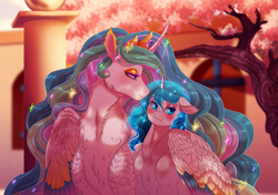 Size: 2031x1426 | Tagged: safe, artist:silverwolf866, princess celestia, oc, alicorn, pony, unicorn, g4, :t, blushing, cheek fluff, cherry blossoms, chest fluff, commission, duo, ethereal mane, eyeshadow, female, floppy ears, flower, flower blossom, height difference, hug, lidded eyes, looking away, makeup, mare, pinklestia, side hug, smiling, tree, winghug, wings, ych result