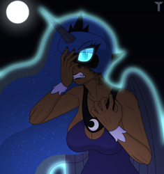 Size: 3200x3400 | Tagged: safe, artist:terton, derpibooru exclusive, nightmare moon, princess luna, alicorn, human, mlp fim's thirteenth anniversary, g4, anniversary, anniversary art, blue dress, blue lipstick, blue nails, clothes, corrupted, crown, dark skin, dress, glowing, glowing eyes, halloween, high res, holding head, holiday, horn, horned humanization, humanized, jewelry, lipstick, makeup, moon, nail polish, night, regalia, relapse, solo, watermark, winged humanization, wings