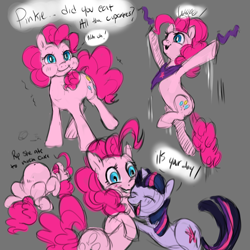 Size: 6000x6000 | Tagged: safe, artist:misstwipietwins, pinkie pie, twilight sparkle, earth pony, pony, unicorn, g4, belly, big belly, blushing, eyes closed, female, hug, lesbian, open mouth, open smile, ship:twinkie, shipping, sketch, sketch dump, smiling, stuffed, tongue out, x eyes