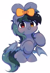Size: 2012x2893 | Tagged: safe, artist:bubbletea, oc, oc only, oc:scrimmy, bat pony, pony, bipedal, bow, cute, fangs, hair bow, heterochromia, high res, ocbetes, simple background, solo, white background