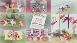 Size: 3000x1689 | Tagged: safe, screencap, apple bloom, scootaloo, sweetie belle, trouble shoes, twilight sparkle, alicorn, earth pony, horse, pegasus, pony, unicorn, appleoosa's most wanted, call of the cutie, crusaders of the lost mark, flight to the finish, g4, hearts and hooves day (episode), one bad apple, ponyville confidential, the cutie mark chronicles, the show stoppers, twilight time, apple, bipedal, broom, cape, clothes, cmc cape, cutie mark crusaders, flashback, food, golden oaks library, helmet, newspaper, show stopper outfits, twilight sparkle (alicorn), zipline