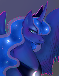 Size: 527x682 | Tagged: safe, artist:keksikaro, princess luna, alicorn, pony, g4, blue eyes, blue mane, blushing, chromatic aberration, crown, curved horn, cute, digital art, ethereal mane, eyelashes, eyeshadow, feather, female, flowing mane, glowing, glowing horn, gray background, horn, human lips, jewelry, lidded eyes, lips, looking at you, makeup, mare, peytral, regalia, simple background, smiling, smiling at you, solo, sparkles, spread wings, starry mane, stars, wings