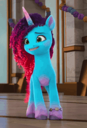 Size: 362x532 | Tagged: safe, screencap, misty brightdawn, pony, unicorn, cutie blossom bash, g5, my little pony: make your mark, my little pony: make your mark chapter 5, spoiler:g5, spoiler:my little pony: make your mark, spoiler:my little pony: make your mark chapter 5, spoiler:mymc05e01, animated, cropped, cute, female, gif, mare, mistybetes, nervous, nervous smile, rebirth misty, smiling, solo