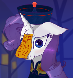 Size: 1780x1905 | Tagged: safe, artist:raritymylove, derpibooru exclusive, rarity, jiangshi, pony, undead, g4, best pony, blushing, clothes, looking at you, solo