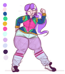 Size: 1067x1218 | Tagged: safe, artist:secretgoombaman12345, diamond tiara, human, ask chubby diamond, g4, 80's fashion, 80s, chubby, chubby diamond, clothes, eyes closed, fat, fist, hot pants, humanized, pantyhose, ponytail, pose, posing for photo, shoes, sneakers, solo, thighs, thunder thighs, wide hips, zipper