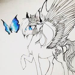 Size: 757x757 | Tagged: safe, artist:hysteriana, oc, oc:hysteriana, bat pony, butterfly, hybrid, pegasus, pony, aesthetics, bat wings, blue, blue eyes, chest fluff, feathered wings, female, flower, flower in hair, light skin, spread wings, white hair, wings