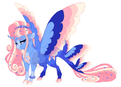 Size: 5000x3600 | Tagged: safe, artist:gigason, oc, oc only, oc:precious pearl, hybrid, pony, absurd resolution, blaze (coat marking), closed mouth, cloven hooves, coat markings, colored hooves, colored wings, curved horn, facial markings, female, frown, hair beads, hoof polish, horn, hybrid oc, leonine tail, lidded eyes, looking away, mare, multicolored wings, multiple wings, simple background, socks (coat markings), solo, spread wings, standing, tail, transparent background, transparent wings, wings