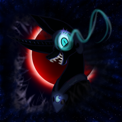 Size: 2000x2000 | Tagged: safe, artist:xerandra-wolf, nightmare moon, alicorn, pony, g4, antagonist, blood moon, blue eyes, bust, crepuscular rays, curved horn, dark, darkness, doodle, evil grin, eyeshadow, fangs, female, flowing mane, glowing, glowing eyes, grin, helmet, high res, horn, looking at you, makeup, mare, moon, moonlight, night, open mouth, open smile, peytral, portrait, signature, sketch, sky, smiling, smiling at you, solo, starry night, stars, teeth, villainess
