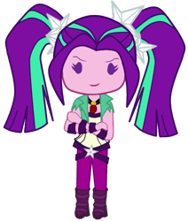Size: 507x598 | Tagged: safe, artist:icicle-niceicle-1517, artist:kawaiifabyu, color edit, edit, aria blaze, equestria girls, g4, belt, boots, chibi, clothes, colored, crossed arms, denim, female, gem, high heel boots, jeans, pants, picture for breezies, shirt, shoes, simple background, siren gem, smiling, smirk, solo, transparent background, vest, wristband
