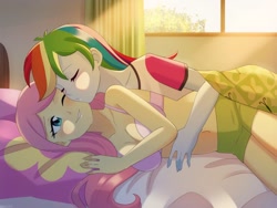 Size: 1000x750 | Tagged: safe, artist:riouku, fluttershy, rainbow dash, human, equestria girls, g4, bed, bed sheets, belly button, blanket, bra, breasts, cleavage, clothes, cute, dashabetes, duo, eyes closed, female, in bed, lesbian, looking up, midriff, morning, morning ponies, pillow, ship:flutterdash, shipping, shirt, short sleeves, shorts, shyabetes, sky, sleeping, smiling, sun, tree, underwear, window