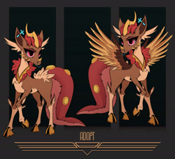 Size: 2016x1836 | Tagged: safe, artist:realypse, oc, dragon, hybrid, original species, pony, unicorn, adoptable, auction, barely pony related, brown, dragoness, femboy, girly, gold, light skin, male, nose piercing, nose ring, piercing, pinki, red, red eyes, solo, wings, yellow
