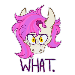Size: 1000x1000 | Tagged: safe, artist:molars, oc, oc only, oc:molars, digital art, emote, freckles, head only, looking at you, ponysona, reaction image, simple background, solo, text, transparent background, wat