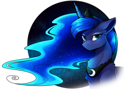 Size: 1746x1252 | Tagged: safe, artist:greenstorm64, princess luna, alicorn, pony, g4, abstract background, blue eyes, blue mane, chest fluff, commission, crown, digital art, ear fluff, ethereal mane, eyelashes, eyeshadow, female, flowing mane, glowing mane, horn, jewelry, looking at you, makeup, mare, neck fluff, night, peytral, regalia, solo, starry mane, stars, sternocleidomastoid