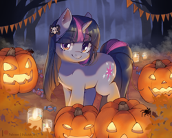 Size: 2500x2000 | Tagged: safe, artist:ponchik_art, twilight sparkle, pony, spider, unicorn, g4, autumn, backwards cutie mark, bow, bush, candle, candy, chest fluff, cute, detailed background, ear fluff, female, food, forest, hair bow, halloween, high res, holiday, horn, jack-o-lantern, looking at you, mare, pumpkin, skull, solo, sparkles, tree, twiabetes, unicorn twilight