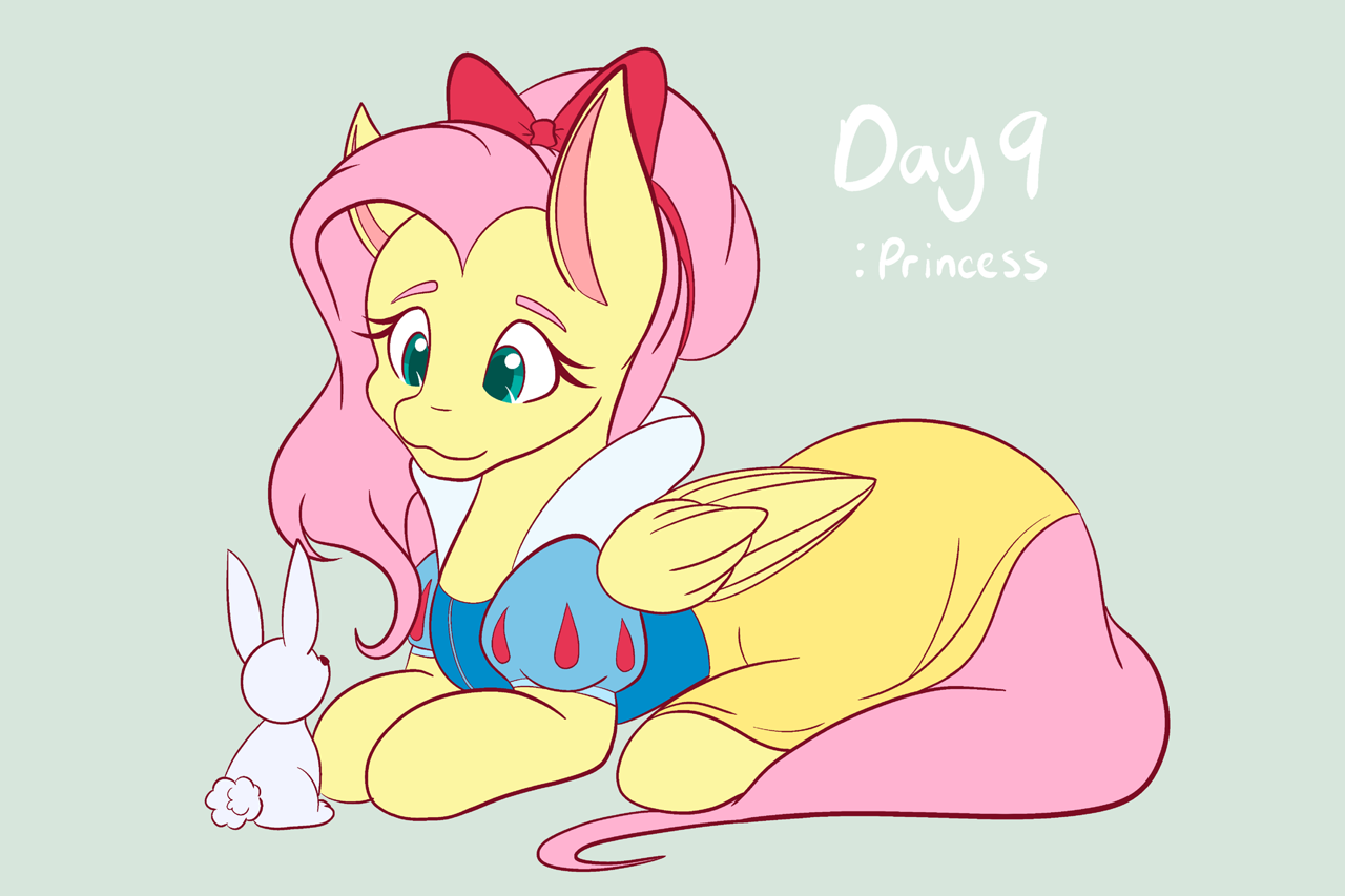 [alternate hairstyle,animal,bow,clothes,cosplay,costume,cute,female,fluttershy,hair bow,halloween,mare,pegasus,pony,prone,rabbit,safe,simple background,snow white,solo,lying down,shyabetes,smiling,green background,halloween costume,artist:mscolorsplash,ponytober]