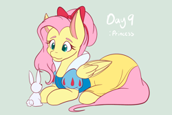 Size: 2048x1365 | Tagged: safe, artist:mscolorsplash, fluttershy, pegasus, pony, rabbit, g4, alternate hairstyle, animal, bow, clothes, cosplay, costume, cute, female, green background, hair bow, halloween, halloween costume, lying down, mare, ponytober, prone, shyabetes, simple background, smiling, snow white, solo