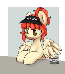 Size: 2107x2410 | Tagged: safe, artist:dumbwoofer, oc, oc only, oc:wah wah, pegasus, pony, chest fluff, ear fluff, female, high res, mare, ponytail, smiling, solo, spread wings, tip jar, visor cap, wawa, wings