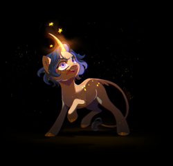 Size: 2700x2600 | Tagged: safe, artist:kraytt-05, oc, oc only, oc:chrisanti, pony, unicorn, black background, colored hooves, curved horn, female, glowing, glowing horn, high res, horn, leonine tail, looking up, mare, open mouth, signature, simple background, solo, stars, tail