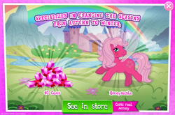 Size: 1960x1293 | Tagged: safe, gameloft, idw, honeysuckle, flutter pony, pony, g1, g4, my little pony: magic princess, official, advertisement, bow, costs real money, english, female, gem, idw showified, introduction card, mare, mobile game, numbers, sale, solo, tail, tail bow, text, wings