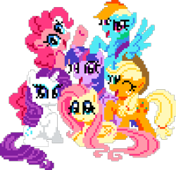 Size: 980x950 | Tagged: safe, artist:candy meow, derpibooru exclusive, applejack, fluttershy, pinkie pie, rainbow dash, rarity, twilight sparkle, alicorn, earth pony, pegasus, pony, unicorn, mlp fim's thirteenth anniversary, g4, female, folded wings, horn, looking at you, mane six, mane six opening poses, mare, pixel art, simple background, smiling, spread wings, transparent background, wings
