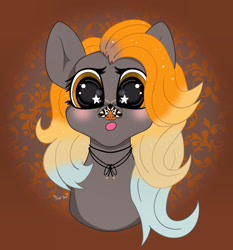 Size: 1982x2129 | Tagged: safe, artist:mistyquest, oc, oc only, oc:golden hour, insect, moth, pegasus, pony, g4, autumn, blue mane, blushing, brown background, brown eyes, bust, curious, curly hair, curly mane, cute, eyelashes, eyes open, female, food, front view, gradient eyes, gradient mane, gray coat, gray fur, happy, inktober, inktober 2023, jewelry, looking at you, looking down, multicolored hair, multicolored mane, necklace, open mouth, orange, orange mane, photo, solo, sparkles, surprised, symmetrical, wavy hair, wavy mane, wide eyes, yellow mane