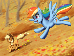 Size: 1300x975 | Tagged: safe, artist:johnjoseco, applejack, rainbow dash, earth pony, pegasus, pony, mlp fim's thirteenth anniversary, g4, applejack's hat, autumn, backwards cutie mark, cowboy hat, flying, freckles, hairband, hat, leaf, leaves, open mouth, race, running, running of the leaves, spread wings, tail, tail band, tree, wings
