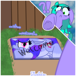 Size: 4000x4000 | Tagged: safe, artist:silvaqular, oc, oc:cyanette, oc:qular, earth pony, object pony, pony, unicorn, awkward moment, awkward smile, confused, door, doormat, flattened, gradient hair, gradient mane, grass, ground, ponified, shocked, shocked expression, shocked eyes, smiling