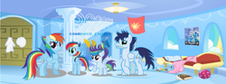 Size: 1784x666 | Tagged: safe, artist:ementy344shiney45, rainbow dash, soarin', oc, pegasus, pony, g4, colt, female, filly, foal, male, mare, offspring, parent:rainbow dash, parent:soarin', parents:soarindash, ship:soarindash, shipping, stallion, straight, teenager