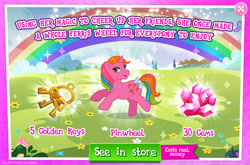 Size: 1965x1298 | Tagged: safe, gameloft, idw, pinwheel, pony, unicorn, g1, g4, my little pony: magic princess, official, advertisement, bow, costs real money, english, female, gem, horn, idw showified, introduction card, key, mare, mobile game, numbers, sale, solo, tail, tail bow, text