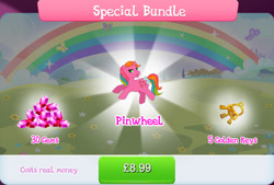 Size: 1268x858 | Tagged: safe, gameloft, idw, pinwheel, pony, unicorn, g1, g4, my little pony: magic princess, official, bow, bundle, costs real money, english, female, gem, horn, idw showified, key, mare, mobile game, numbers, sale, solo, tail, tail bow, text