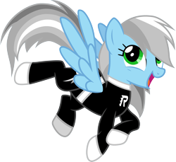 Size: 3268x3000 | Tagged: safe, artist:funheart287, rainbow dash, pegasus, pony, g4, clothes, crossover, danny phantom, female, green eyes, high res, jumpsuit, mare, simple background, smiling, spread wings, transparent background, white hair, wings