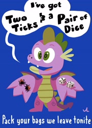 Size: 2966x4096 | Tagged: safe, artist:docwario, spike, dragon, spider, g4, blue background, dice, eddie money, mondegreen, open mouth, ponytober, ponytober 2023, simple background, song reference, speech bubble, talking to viewer, two tickets to paradise, winged spike, wings