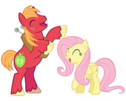 Size: 3000x2395 | Tagged: safe, anonymous artist, artist:cloudy glow, artist:rainbowcrab, edit, big macintosh, fluttershy, earth pony, pegasus, pony, g4, ^^, duo, eyes closed, female, happy, high res, male, mare, rearing, ship:fluttermac, shipping, simple background, stallion, straight, transparent background