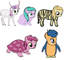 Size: 2048x1700 | Tagged: safe, edit, aura (g4), first base, noi, ruby pinch, sweetie belle, big cat, bird, cat, deer, earth pony, pegasus, penguin, pony, rabbit, tiger, turtle, unicorn, g4, 1000 hours in ms paint, abomination, animal, birdified, bunnified, catified, deerified, female, filly, foal, group, not salmon, pegasus first base, quintet, race swap, rule 63, simple background, smiling, species swap, wat, white background