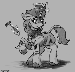 Size: 2080x2000 | Tagged: safe, artist:reddthebat, autumn blaze, kirin, g4, blood, female, gray background, grayscale, hammer, high res, levitation, magic, monochrome, simple background, solo, telekinesis