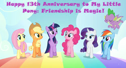 Size: 827x448 | Tagged: safe, artist:shieldwingarmorofgod, edit, edited screencap, screencap, applejack, fluttershy, pinkie pie, rainbow dash, rarity, spike, twilight sparkle, alicorn, dragon, earth pony, pegasus, pony, unicorn, mlp fim's thirteenth anniversary, all bottled up, g4, female, male, mane seven, mane six, time paradox, twilight sparkle (alicorn), winged spike, wings