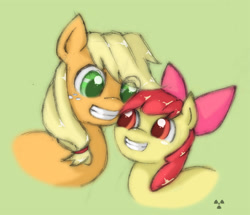 Size: 815x700 | Tagged: safe, artist:radioactive-k, apple bloom, applejack, earth pony, pony, g4, apple sisters, female, filly, foal, green background, grin, mare, siblings, simple background, sisters, smiling