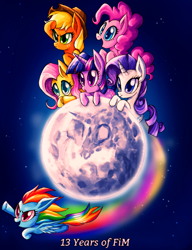 Size: 1551x2019 | Tagged: safe, artist:rafastary, applejack, fluttershy, pinkie pie, rainbow dash, rarity, twilight sparkle, earth pony, pegasus, pony, unicorn, mlp fim's thirteenth anniversary, g4, anniversary, cowboy hat, flying, hat, horn, mane six, mare in the moon, moon, rainbow trail, spread wings, tangible heavenly object, unicorn twilight, wings