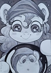 Size: 718x1024 | Tagged: safe, artist:krista-21, fluttershy, pinkie pie, earth pony, pegasus, pony, friendship is witchcraft, g4, blush lines, blushing, crystal ball, duo, ear piercing, earring, female, fortune teller, grayscale, hooped earrings, inktober, jewelry, madame pinkie, mare, monochrome, o mouth, offscreen character, piercing, reflection, smiling, traditional art