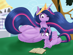 Size: 4000x3000 | Tagged: safe, artist:appelknekten, twilight sparkle, alicorn, pony, unicorn, mlp fim's thirteenth anniversary, friendship is magic, g4, the last problem, book, castle, crossed hooves, duality, ethereal mane, ethereal tail, female, height difference, hooves, long mane, long tail, mare, older, older twilight, older twilight sparkle (alicorn), one eye closed, princess twilight 2.0, reading, self paradox, self ponidox, size difference, spine, tail, time paradox, twilight sparkle (alicorn), unicorn twilight