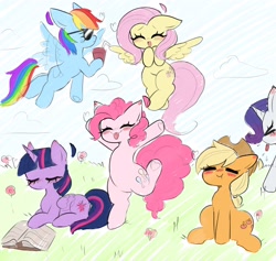 Size: 2700x2560 | Tagged: safe, artist:arwencuack, applejack, fluttershy, pinkie pie, rainbow dash, rarity, twilight sparkle, alicorn, earth pony, pegasus, pony, unicorn, mlp fim's thirteenth anniversary, g4, :p, :t, applejack's hat, blushing, book, cloud, cowboy hat, cute, dashabetes, diapinkes, eyebrows, eyes closed, female, flower, flying, folded wings, grass, group, hat, high res, horn, jackabetes, lying down, mane six, mare, open mouth, open smile, prone, raribetes, reading, sextet, shyabetes, sitting, smiling, spread wings, sunglasses, tongue out, twiabetes, twilight sparkle (alicorn), wings