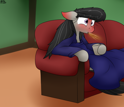Size: 2934x2520 | Tagged: safe, artist:the-furry-railfan, octavia melody, earth pony, pony, g4, blanket, couch, drink, drinking, high res, missing accessory, mug, sick, spit take