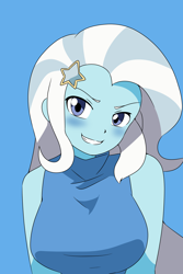 Size: 3512x5268 | Tagged: safe, artist:qsky, trixie, human, equestria girls, g4, blue background, blushing, breasts, bust, busty trixie, female, grin, looking at you, portrait, simple background, smiling, solo