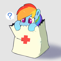 Size: 1500x1500 | Tagged: safe, artist:talimingi, rainbow dash, pegasus, pony, g4, bag, cute, dashabetes, female, gray background, mare, paper bag, pony in a bag, question mark, simple background, solo, thought bubble