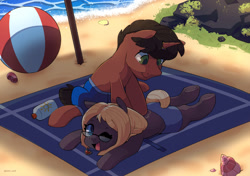 Size: 1500x1058 | Tagged: safe, artist:talimingi, oc, oc only, oc:libra lavanda, oc:mars aurelian, earth pony, pony, unicorn, beach, beach ball, beach towel, commission, duo, duo male and female, female, glasses, lying down, male, mare, one eye closed, open mouth, open smile, prone, smiling, sploot, stallion, sunscreen, swimming trunks, swimsuit