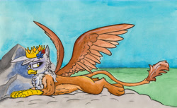 Size: 13585x8302 | Tagged: safe, artist:pzkratzer, gilda, griffon, g4, absurd resolution, crown, female, jewelry, lying down, prone, queen gilda, regalia, solo, traditional art