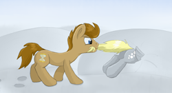 Size: 2509x1359 | Tagged: safe, artist:pzkratzer, derpy hooves, doctor whooves, time turner, earth pony, pegasus, pony, g4, biting, duo, female, male, snow, stallion, stuck, tail, tail bite, tail pull